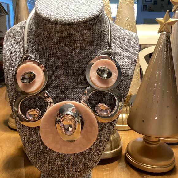 Statement Silvertone and Pink Large Necklace - Picture 2 of 7